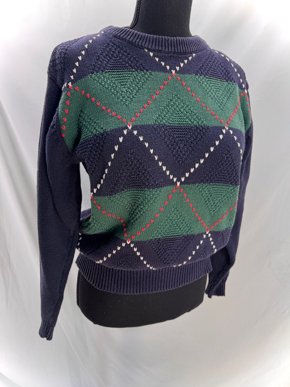 Russ Petites Vintage Women's Intarsia Knit Sweater Sz Medium 90's Preppy Argyle